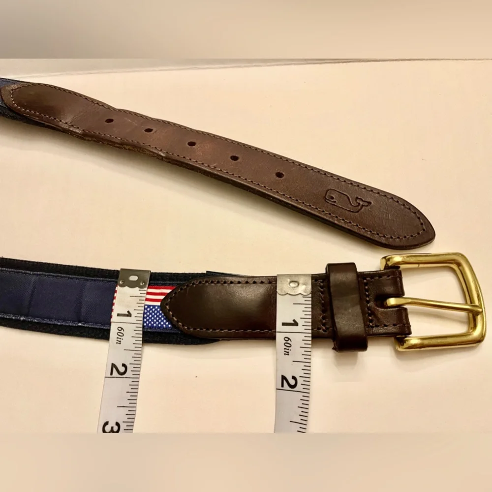Vineyard Vines Men’s American Flag Canvas Solid Brass Buckle Club Leather Belt